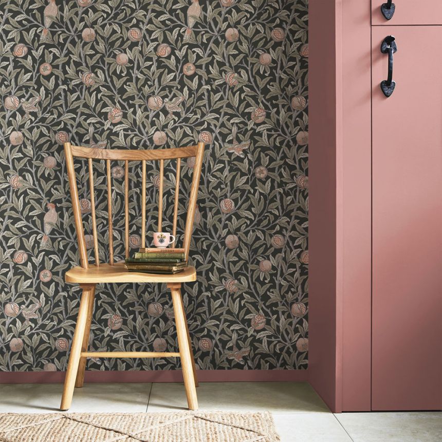 Vliestapete, grau-schwarz, Zweige, Vögel, 124258, William Morris At Home