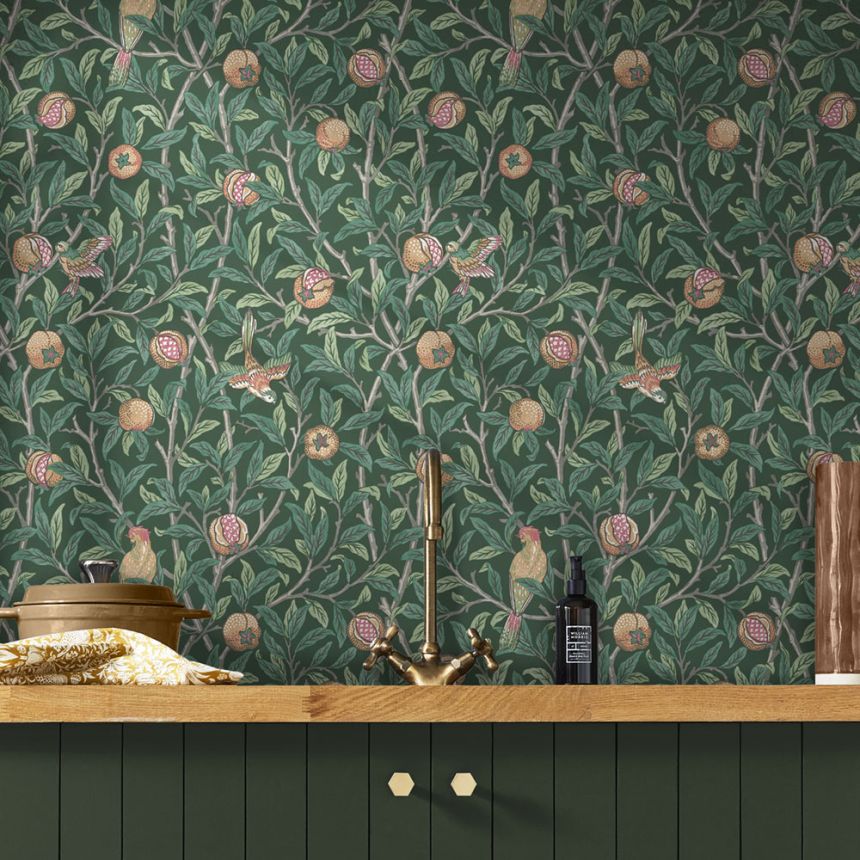 Vliestapete, grün, Zweige, Vögel, 124260, William Morris At Home