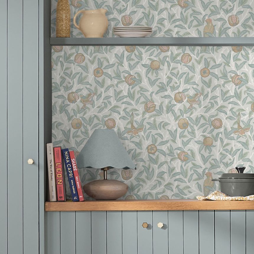 Vliestapete, blau-grün, Zweige, Vögel, 124261, William Morris At Home