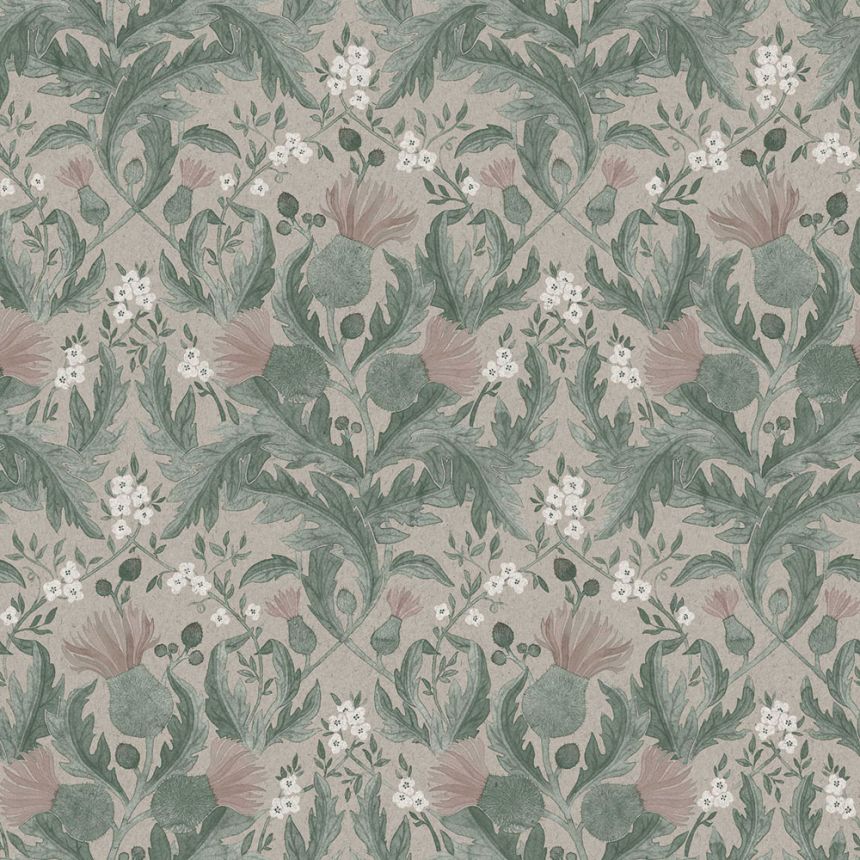 Grau-grüne Tapete, Blumen, Blätter, 7203, Icons, Borastapeter