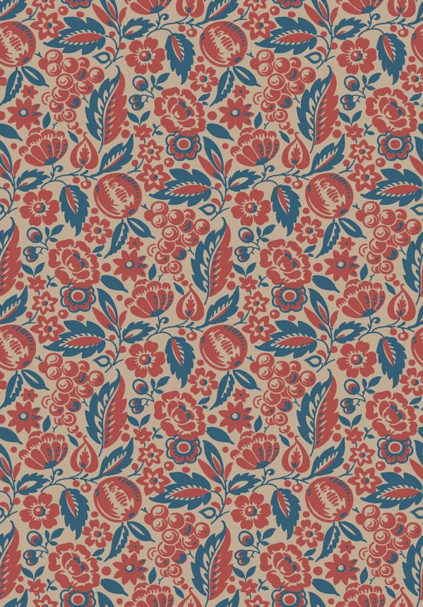 Tapete, blau-rot, Blumen, 4816, New Heritage, Boråstapeter