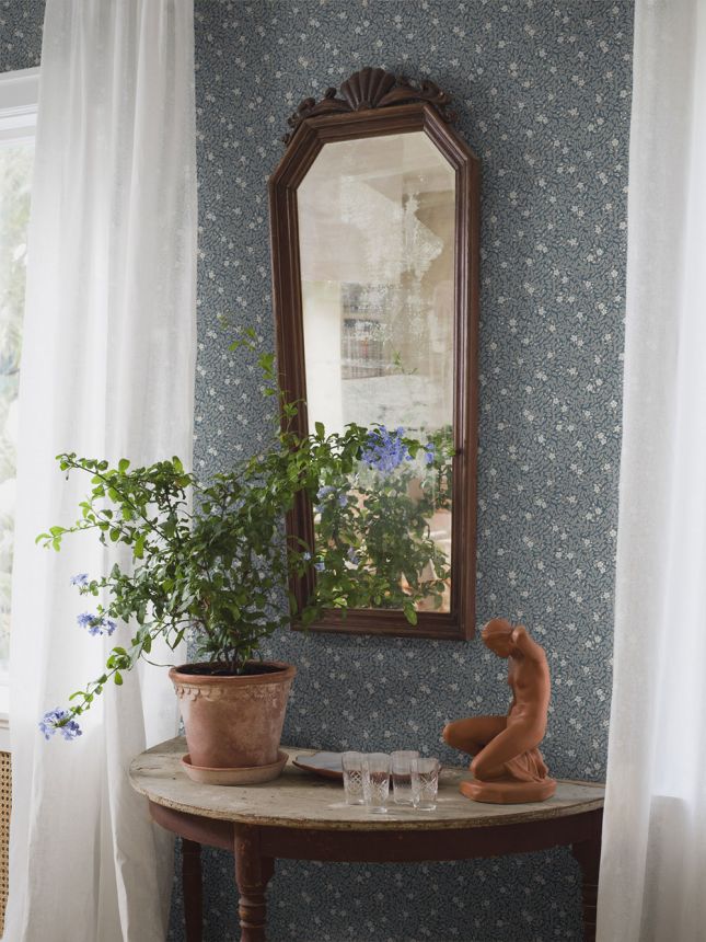 Tapete, blau, Blumen, Blätter, 5717, Orangeri, Boråstapeter