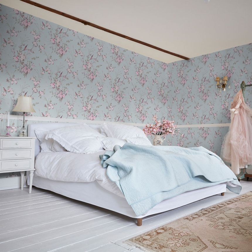 Tapete, blau, Blumen, Vögel, 125119, Shabby Chic by Rachel Ashwell