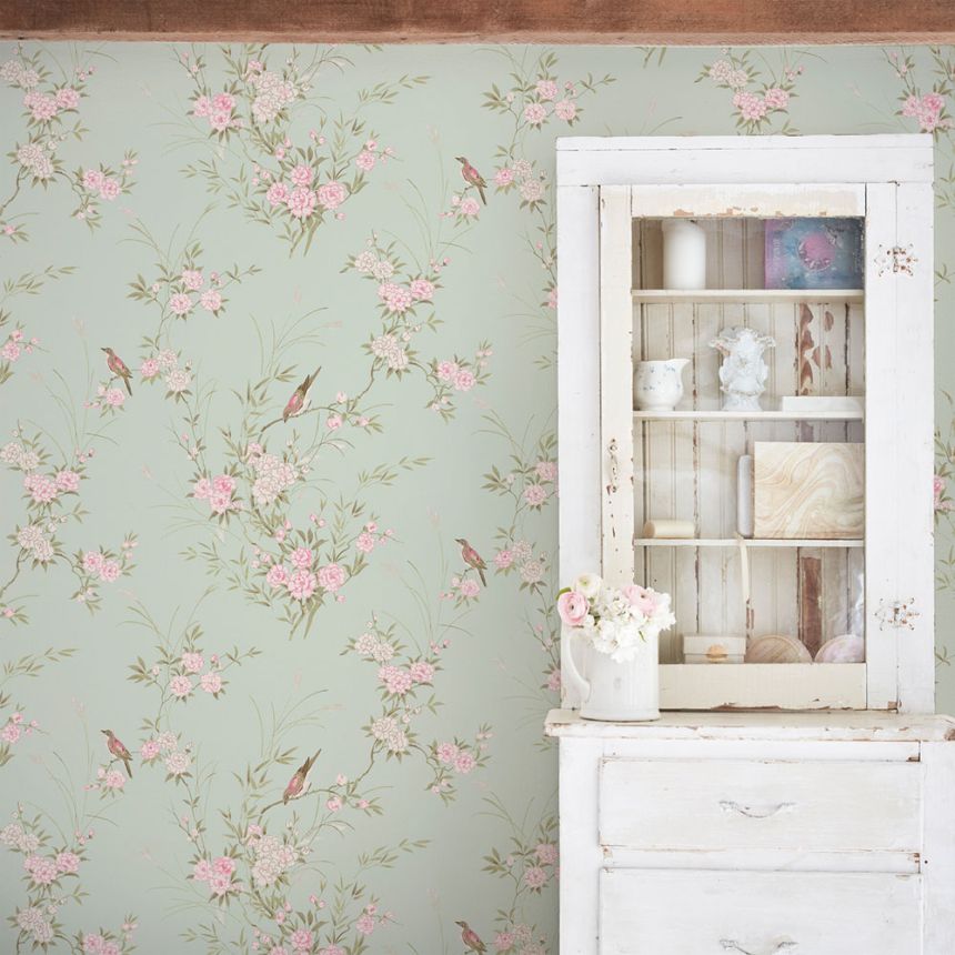 Tapete, grün, Blumen, Vögel, 125120, Shabby Chic by Rachel Ashwell