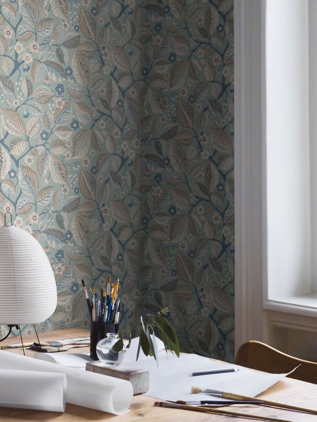 Vliestapete, grau-blau, Blätter, Zweige, 7785, Adorn, Borastapeter