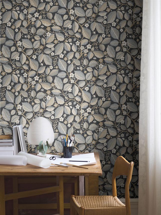 Vliestapete, schwarz, Blätter, Zweige, 7786, Adorn, Borastapeter