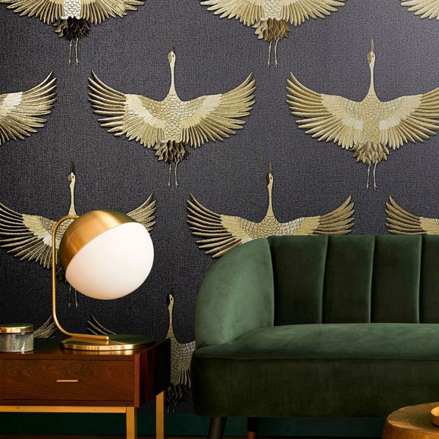 Tapete, schwarz-gold, Vögel, 34532, Kumano, Marburg