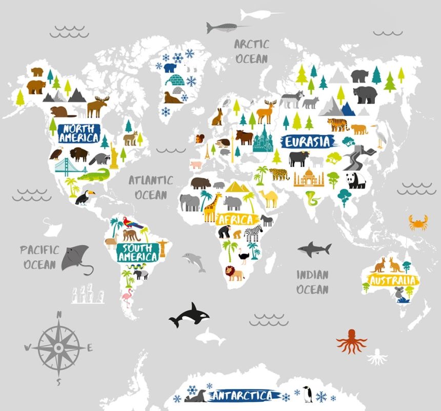 Kinder-Fototapete Weltkarte, Vlies tapete Wandbilder 111398, World Map 300 x 280 cm, Kids@Home 6, Graham & Brown