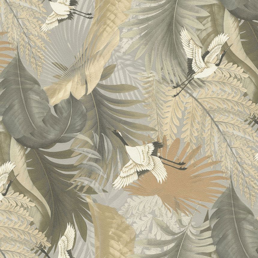 Tapete, grau-beige, Blätter, fliegende Kraniche, 73823, Tendenze, Emiliana Parati