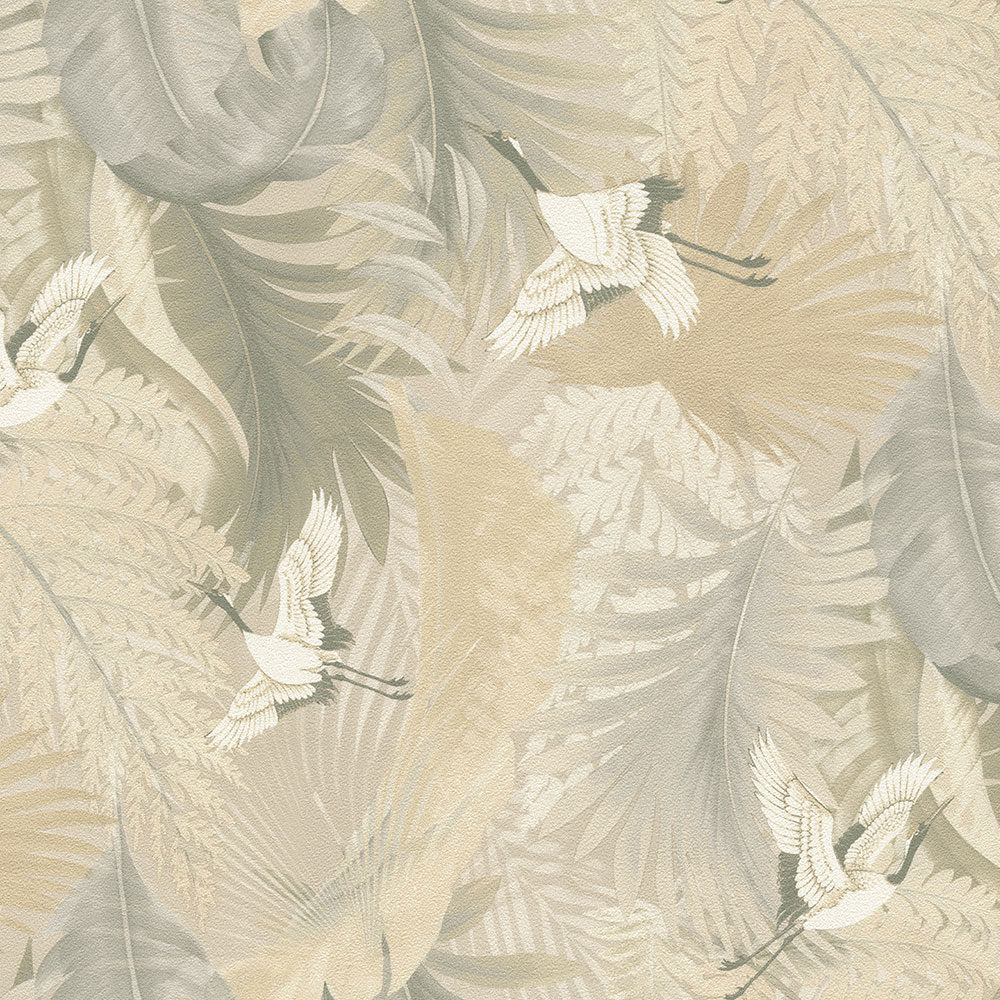 Tapete, beige, Blätter, fliegende Kraniche, 73825, Tendenze, Emiliana Parati