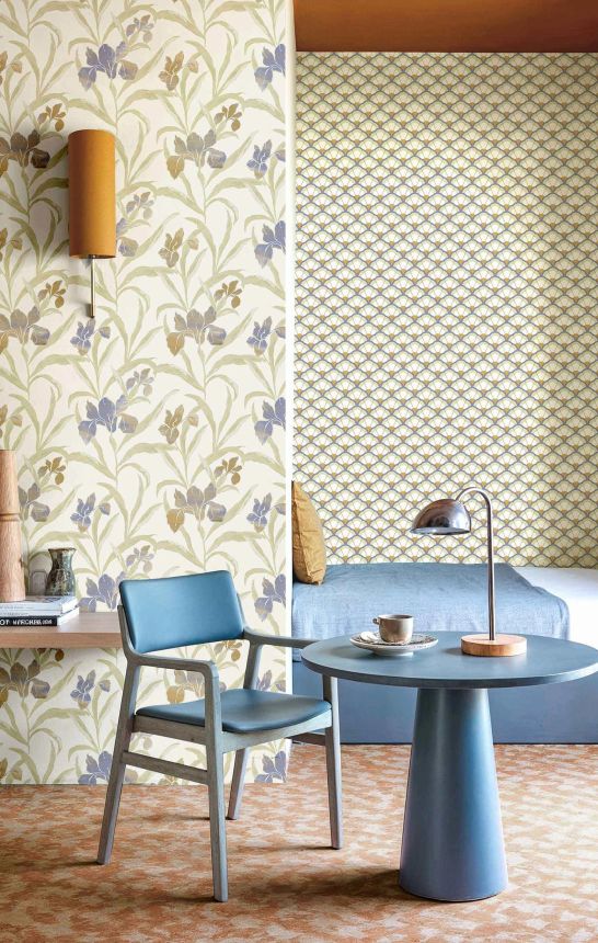 Tapete, blau-beige, Blumen, 2022, Rio, Parato by Cristiana Masi