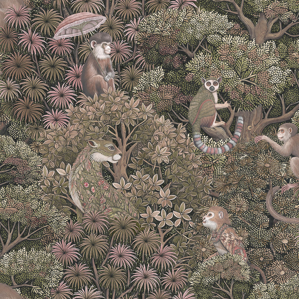 Tapete, rosa, Blätter, Affen, 142312, Jaipur, Graham Brown Premium