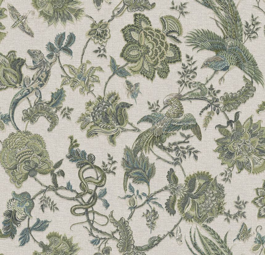 Tapete, beige-grün, Blumen, Tiere, 143239, Jaipur, Graham Brown Premium