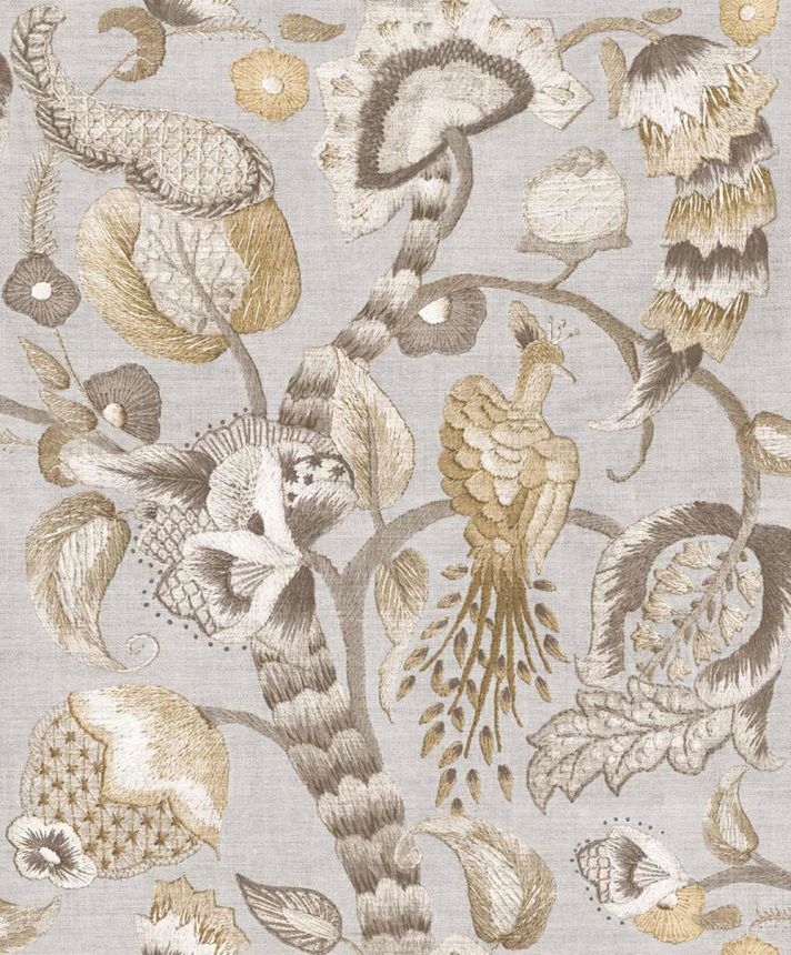 Tapete, grau, beige, blühende Zweige, Vögel, 5801, Jaipur, Parato by Cristiana Masi