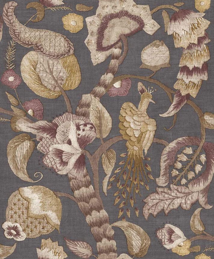 Tapete, grau, braun, blühende Zweige, Vögel, 5809, Jaipur, Parato by Cristiana Masi