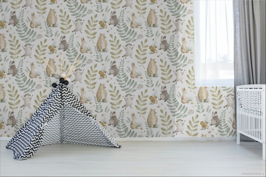 Kindertapete, blau, grün, Tiere und Blätter, 4410, Momi, Parato by Cristiana Masi