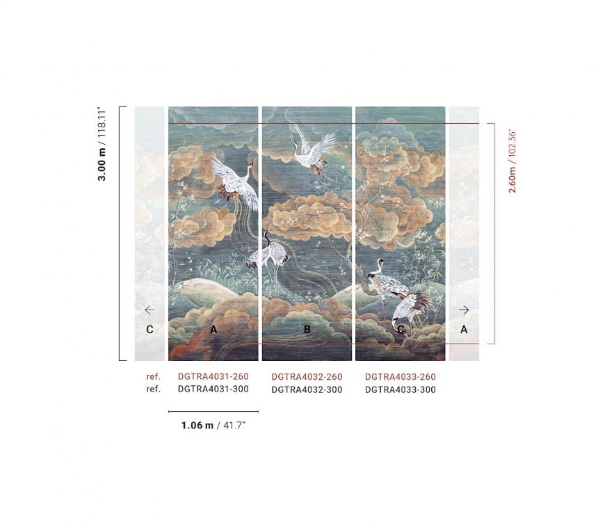 Fototapete, grün, weiß, fliegende Kraniche, DGTRA4031-300, Traces, Masureel
