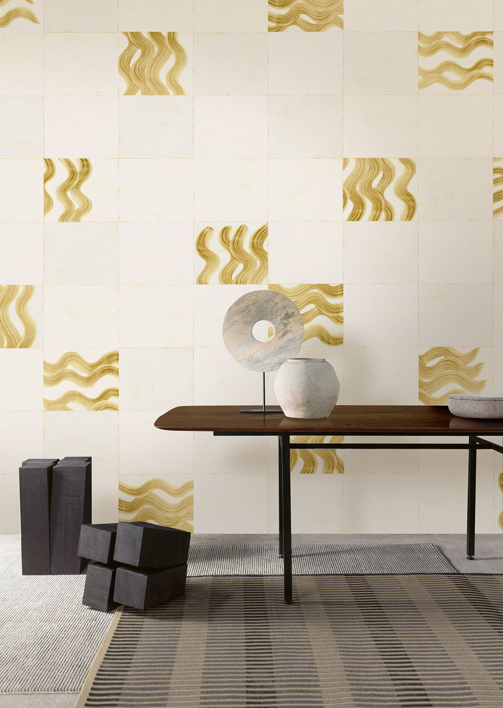 Fototapete, beige, gold, Wellen in Quadraten, DGTRA6021-300, Traces, Masureel