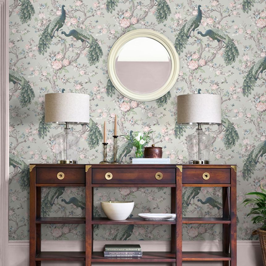 Tapete, Grün, Grau, Rosen, Pfauen, 130113, Laura Ashley 4
