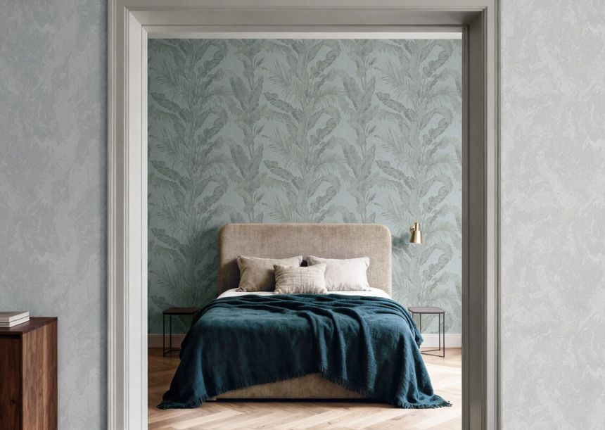 Luxustapete, grau, blau, Blätter, Spachtelputzoptik, 6606, Metamorphosis, Parato by Cristiana Masi