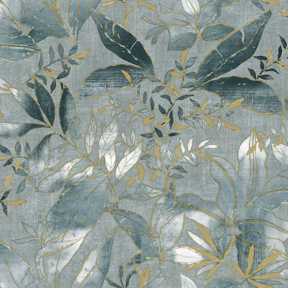 Tapete, blau, gold, Blätter und Zweige, AU41704, Aurelia, Prestige Wallcoverings