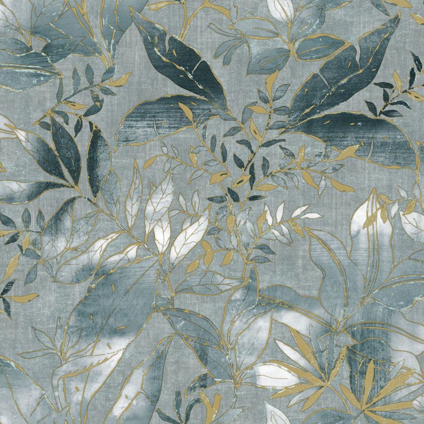 Tapete, blau, gold, Blätter und Zweige, AU41704, Aurelia, Prestige Wallcoverings