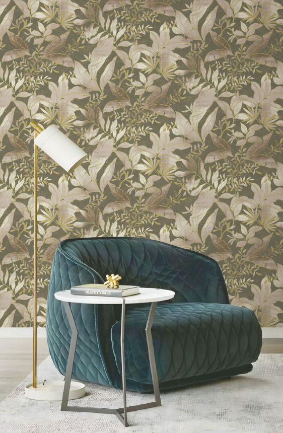Tapete, grün, gold, Blätter und Zweige, AU41705, Aurelia, Prestige Wallcoverings