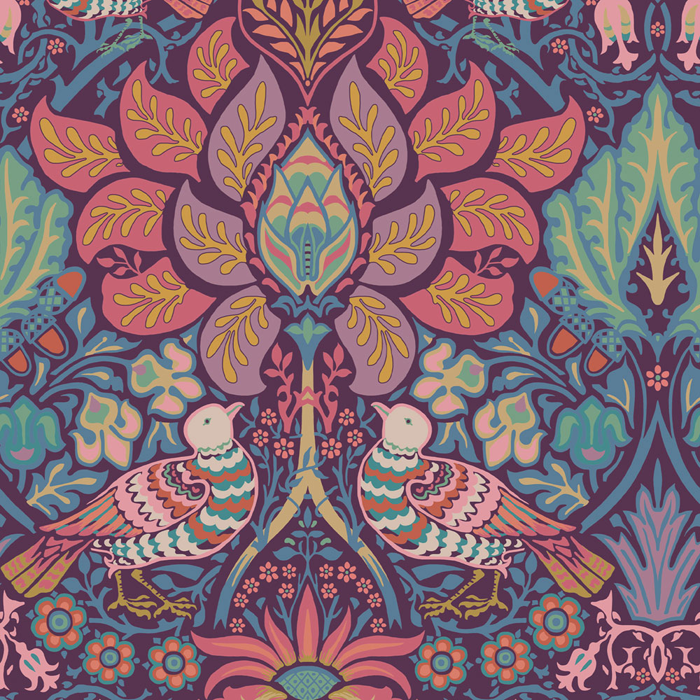 Tapete, Lila, Rosa, Blumen, Vögel, 140478, William Morris at Home vol. 2