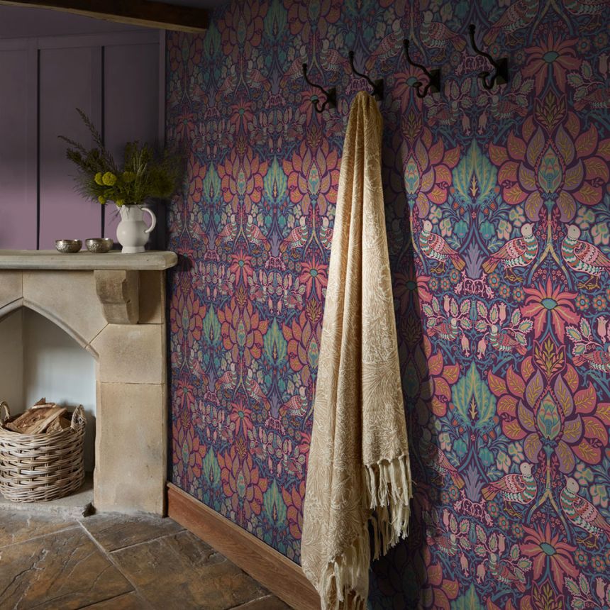 Tapete, Lila, Rosa, Blumen, Vögel, 140478, William Morris at Home vol. 2