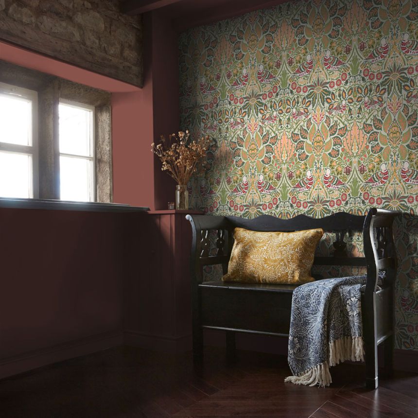 Tapete, Olivgrün, Rot, Blumen, Vögel, 140481, William Morris at Home vol. 2