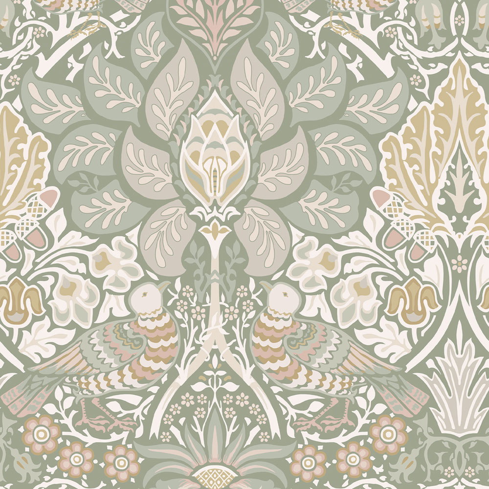 Tapete, Grün, Rosa, Blumen, Vögel, 140482, William Morris at Home vol. 2