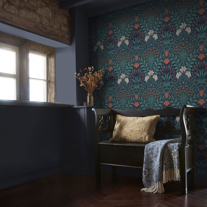 Tapete, Blau, Rot, Blumen, Blätter, 140494, William Morris at Home vol. 2