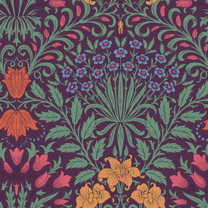 Tapete, Lila, Grün, Blumen, Blätter, 140498, William Morris at Home vol. 2
