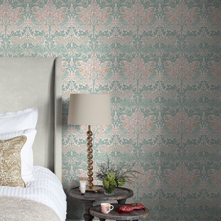 Tapete, Grün, Rosa, Blätter, Bäume, Vögel, Hasen, 140499, William Morris at Home vol. 2