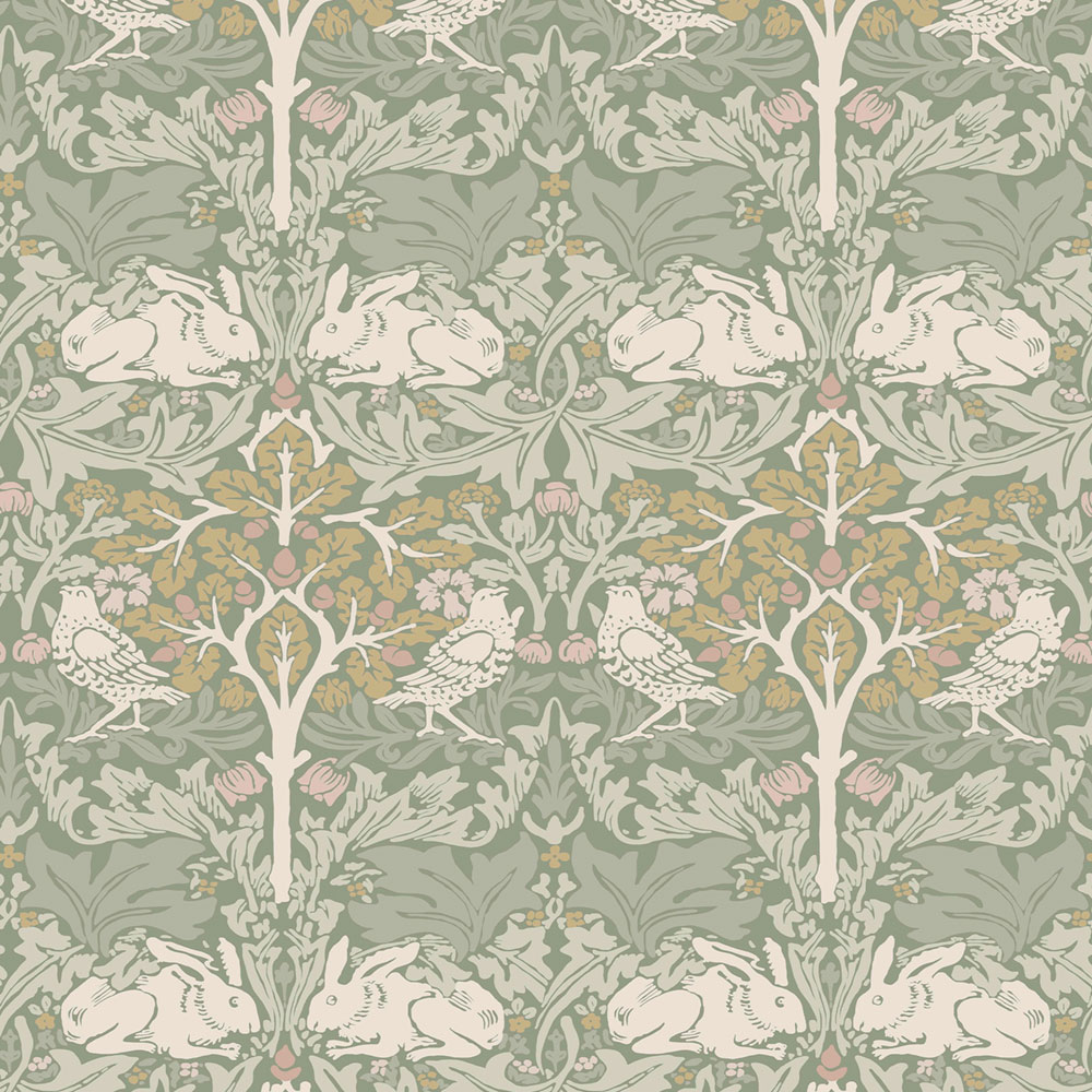Tapete, Grau, Grün, Blätter, Bäume, Vögel, Hasen, 140500, William Morris at Home vol. 2