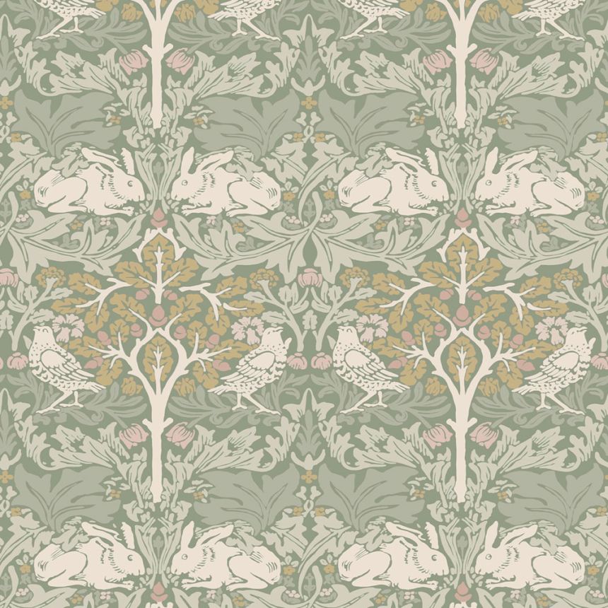 Tapete, Grau, Grün, Blätter, Bäume, Vögel, Hasen, 140500, William Morris at Home vol. 2