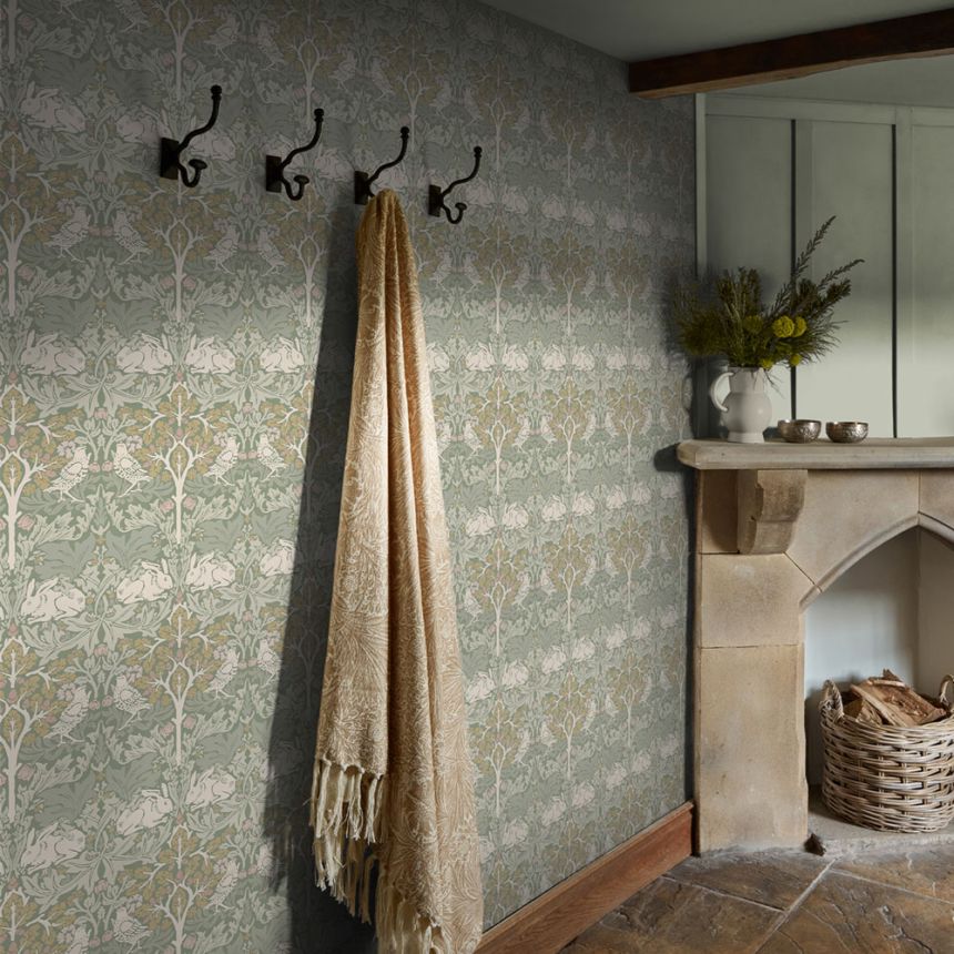 Tapete, Grau, Grün, Blätter, Bäume, Vögel, Hasen, 140500, William Morris at Home vol. 2