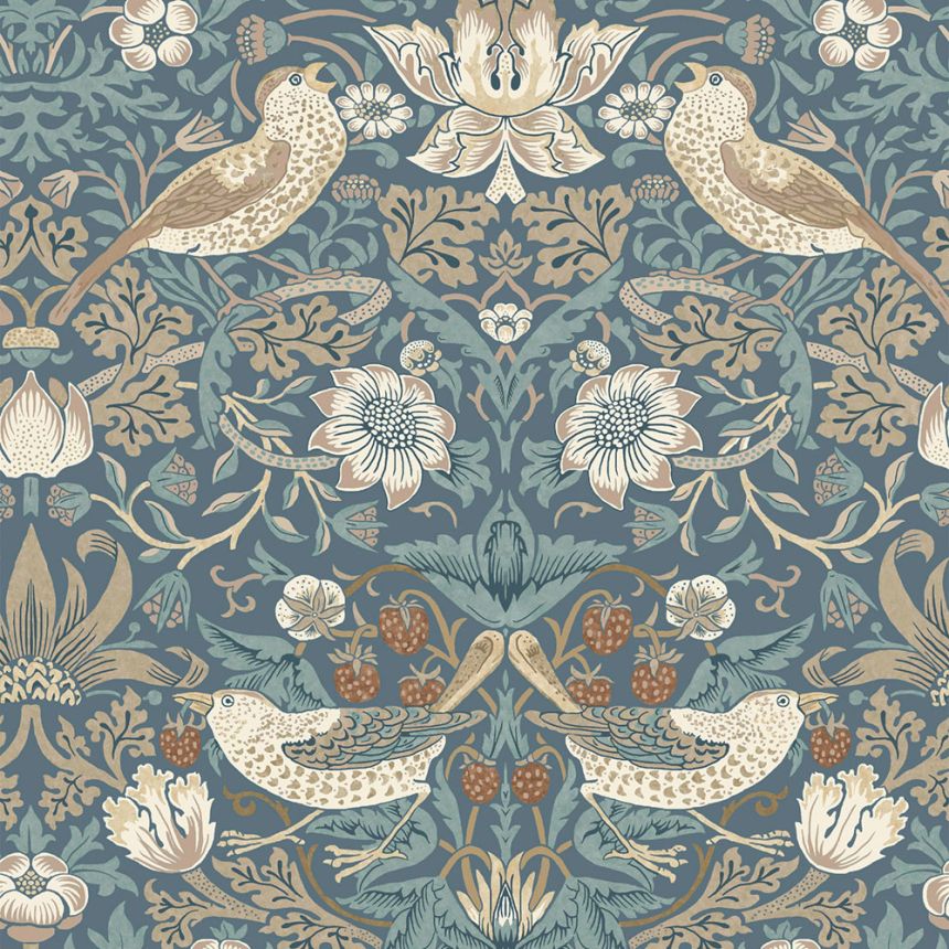 Tapete, Blau, Beige, Blumen, Vögel, 140503, William Morris at Home vol. 2