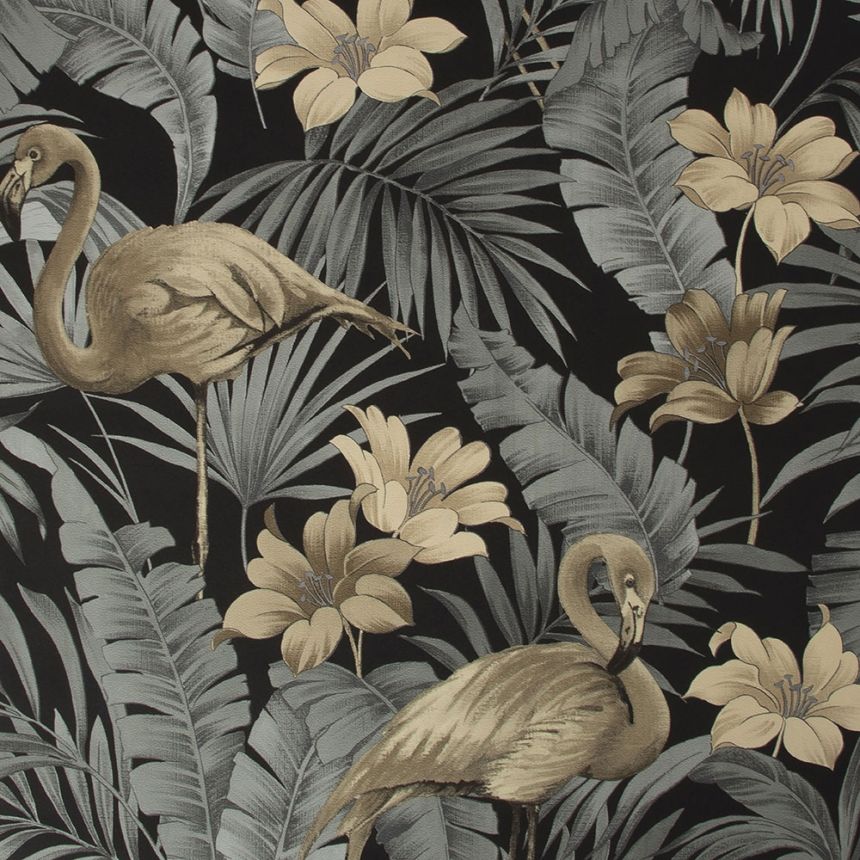 Non-woven wallpaper Flowers, leaves, flamingos 106740, Sandrine Tropics, Paradise, Graham & Brown