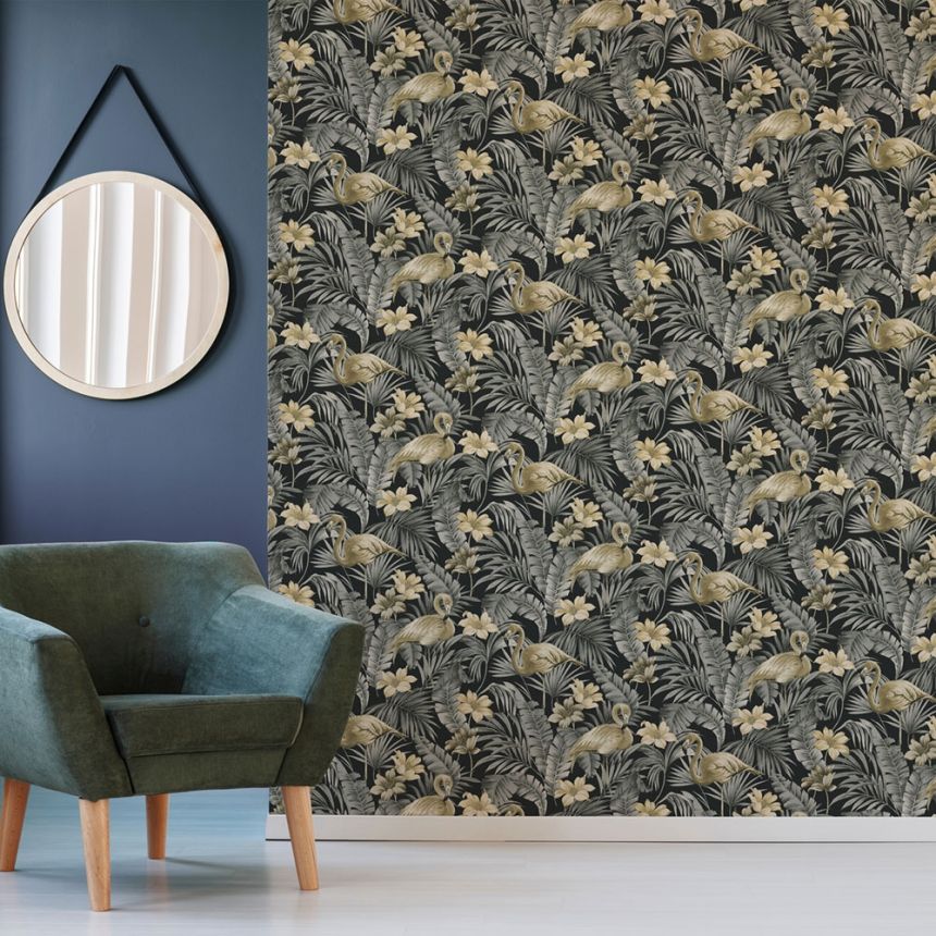Non-woven wallpaper Flowers, leaves, flamingos 106740, Sandrine Tropics, Paradise, Graham & Brown