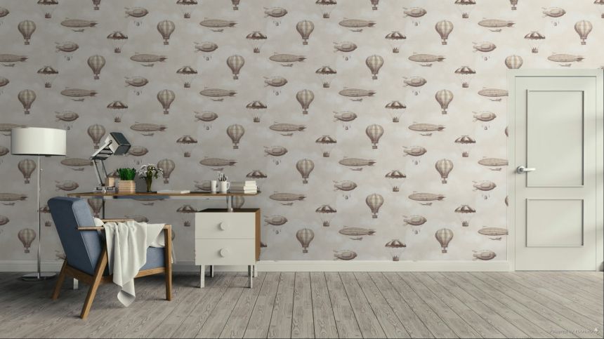 Kindertapete, braun, beige, Ballons, Luftschiffe, 363122, Tiny Treasures, Eijffinger