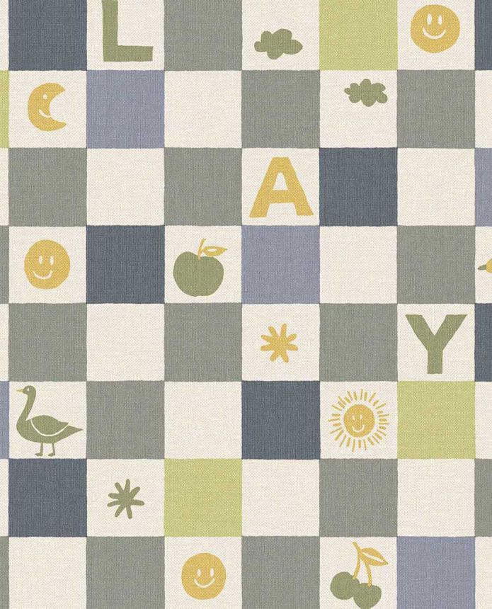 Kindertapete, blau, grün, Schachbrettmuster mit Symbolen, 363142, Tiny Treasures, Eijffinger