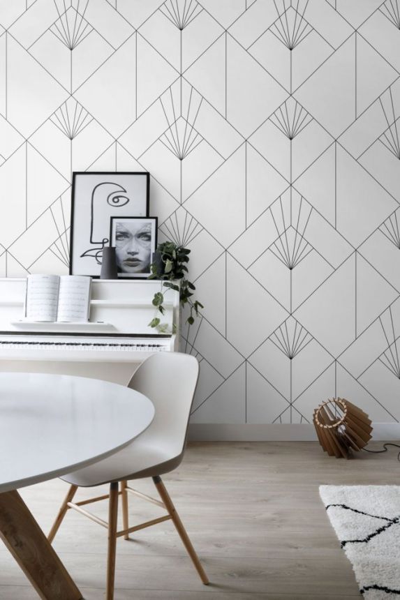 Vlies Fototapete, schwarz-weißes geometrisches Art-Deco-Muster 158934, 150x300cm, Black & White, Esta