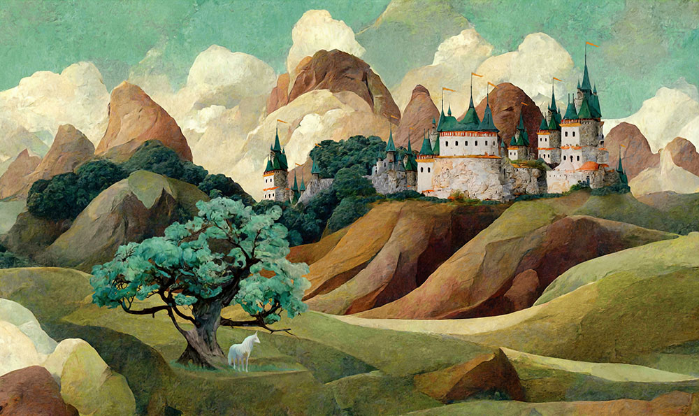 Fototapeten nach Maß, Schloss in den Bergen mit Einhörnern, 10204, Vavex