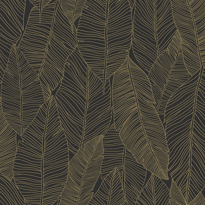Schwarze Vliestapete mit goldenen Blattkonturen 139126, Black & White, Esta
