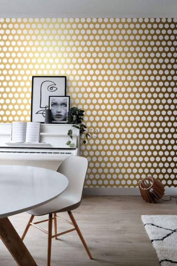 Goldene Vliestapete mit weißen Tupfen 139116, Black & White, Esta
