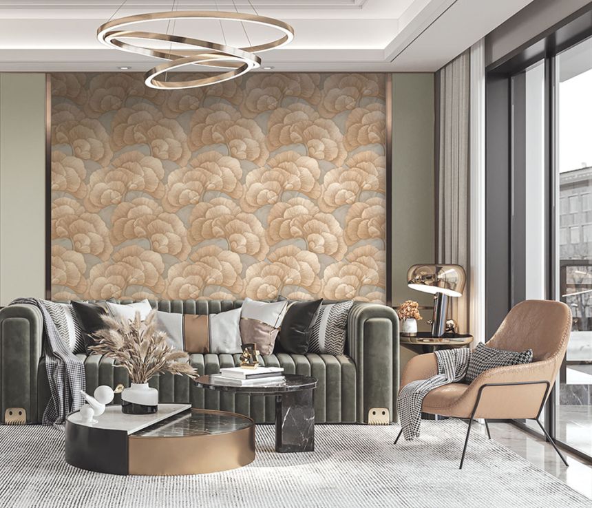 Tapete mit Ginkgoblättern, Grau-Beige, Gold, RE521014, Renaissance, Design ID