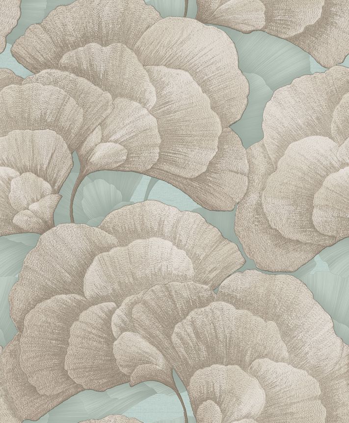 Tapete mit Ginkgoblättern, Türkis, Gold, RE521015, Renaissance, Design ID