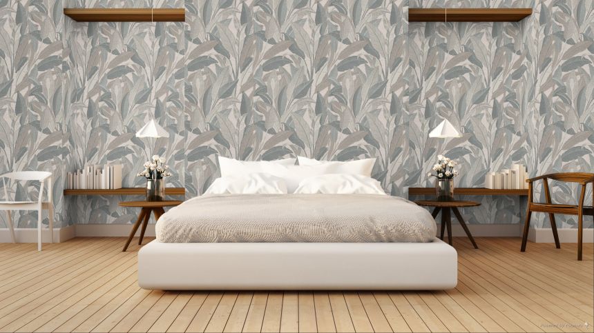 Tapete mit Blättern, Blau, Beige-Grau, RE521054, Renaissance, Design ID