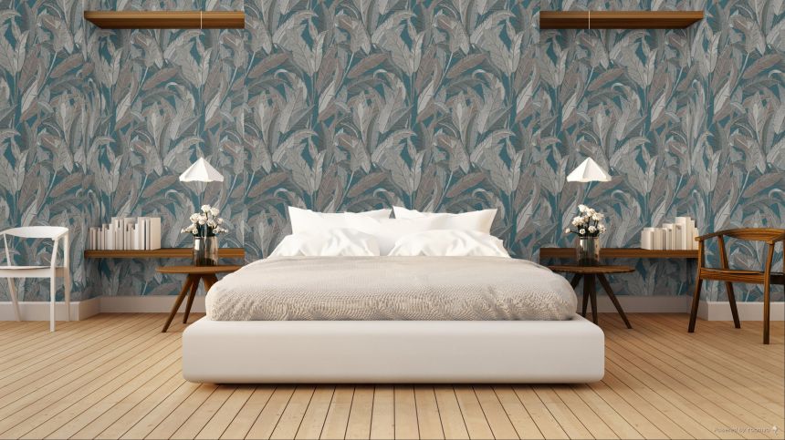 Tapete mit Blättern, Petrol, Grau, RE521056, Renaissance, Design ID